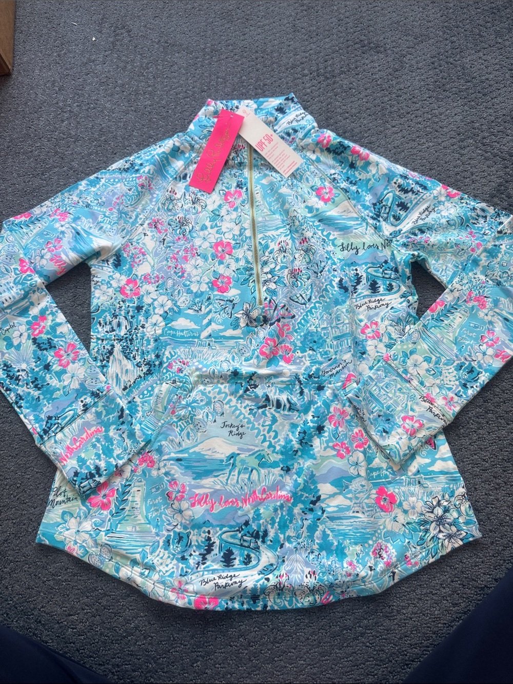 Lilly Pulitzer Turquoise & Pink Floral Long-Sleeve 1/4 zip- North Carolina